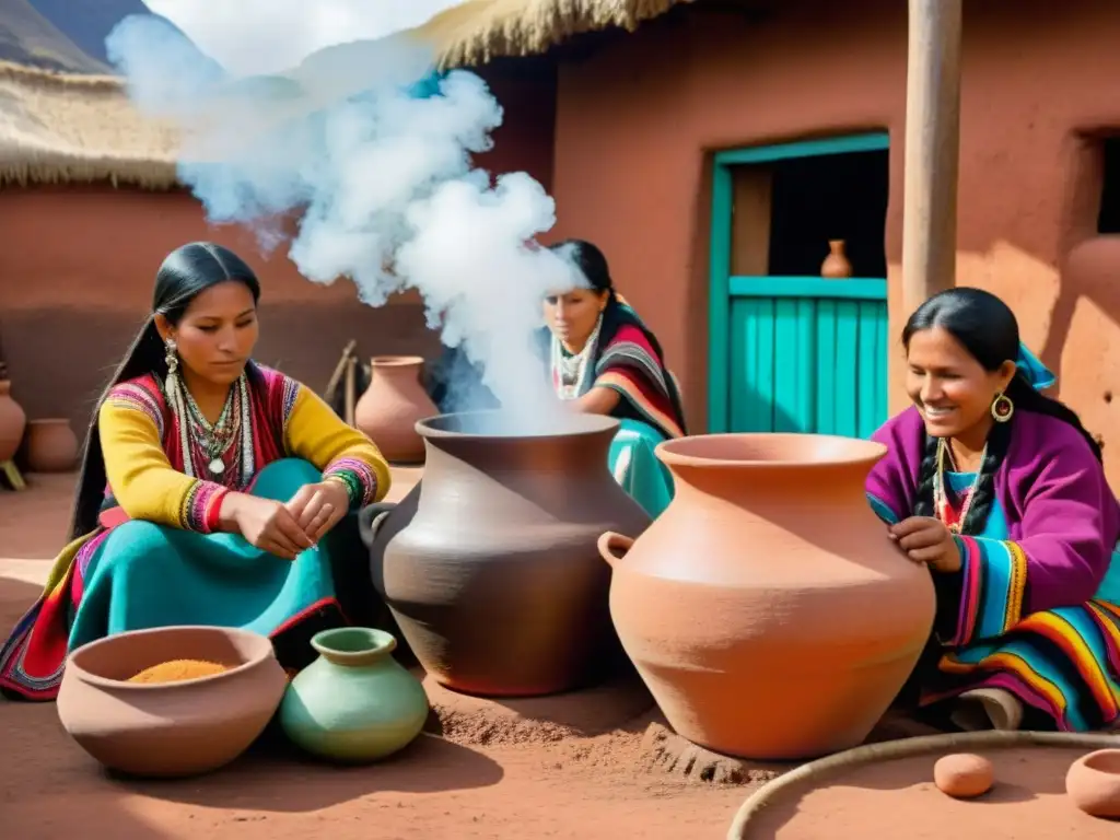 Mujeres indígenas elaborando chicha andina en una chichería con paisaje andino de fondo, festividades incaicas