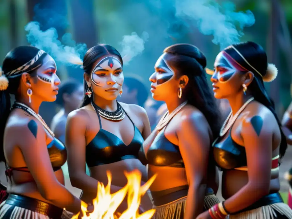 Mujeres indígenas danzando alrededor de una fogata en un ritual de fertilidad en culturas aborígenes, enriqueciendo su legado ancestral