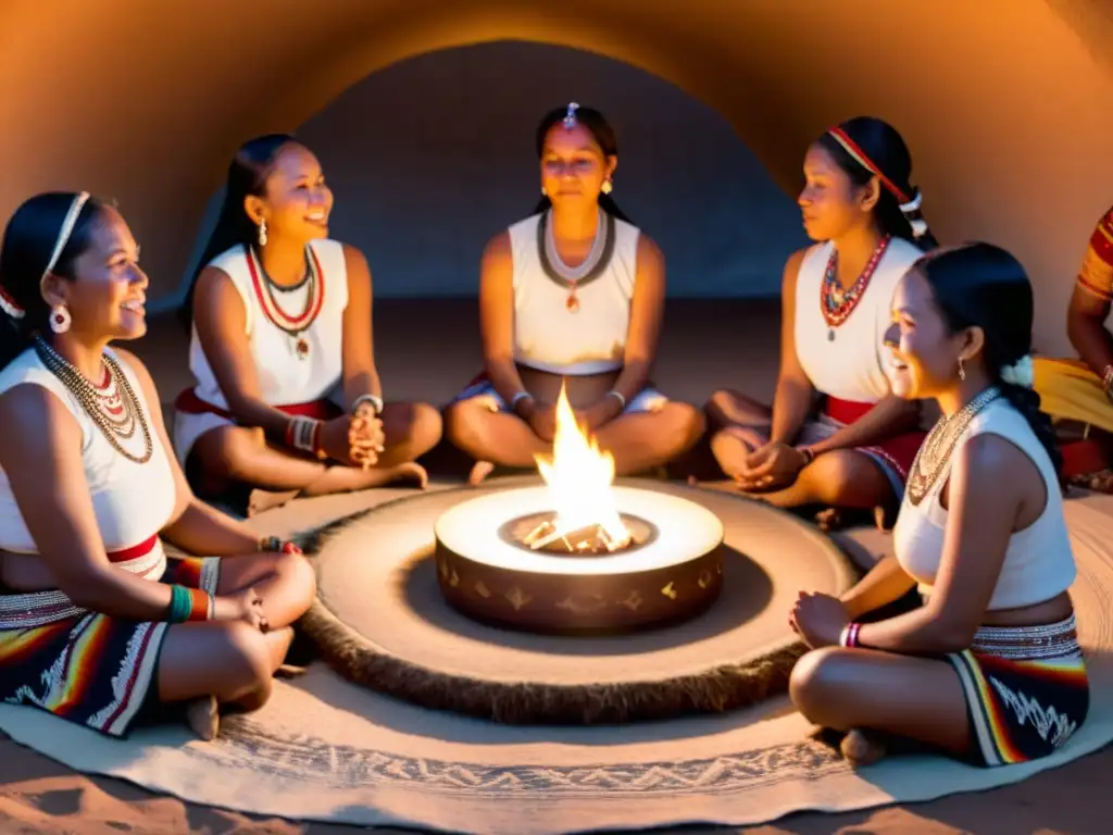 Mujeres indígenas cantando y entonando en un ritual, en un círculo con vestimenta tradicional y joyería, en un taller de canto en rituales ancestrales