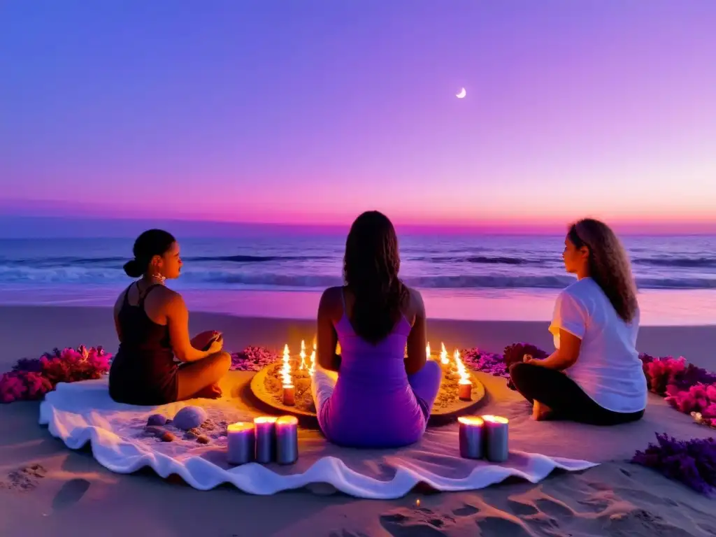 Mujeres meditando y estableciendo intenciones en un ritual de luna nueva en la playa al atardecer, rodeadas de velas, salvia y cristales