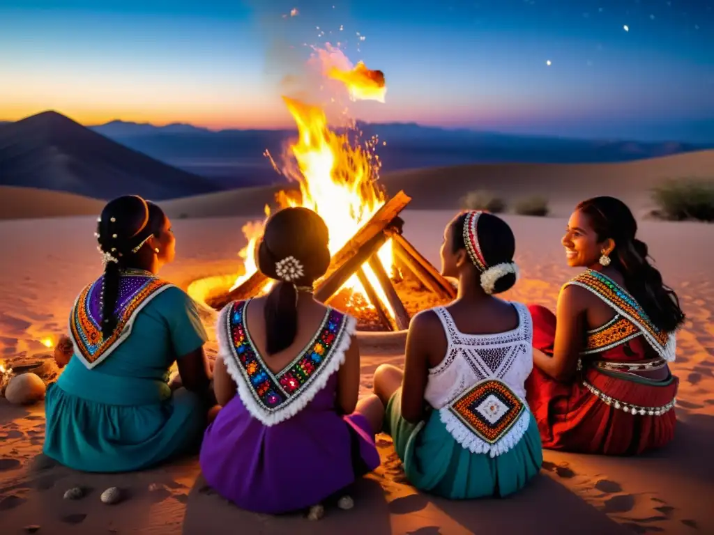 Mujeres en un ritual de La Zar en el desierto de Sudán, vistiendo trajes tradicionales y moviéndose al ritmo de la ceremonia bajo el cielo estrellado