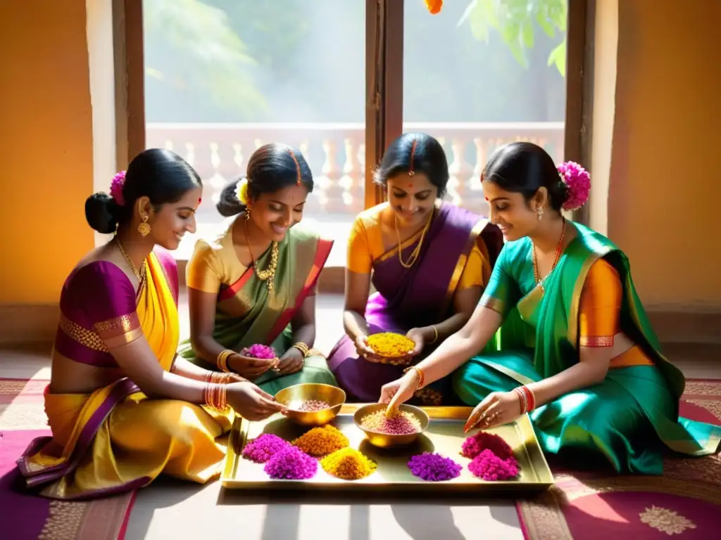 Mujeres preparando el ritual Jatakarma con flores y luz de velas en un ambiente cálido y etéreo