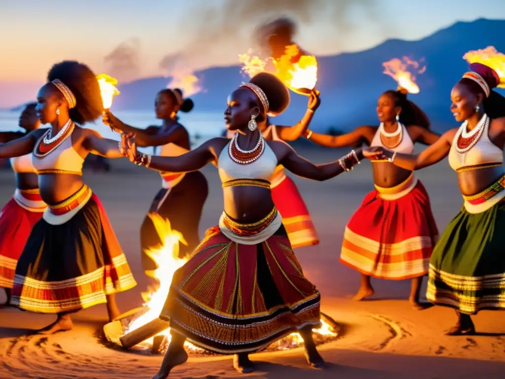 Mujeres danzando en un ritual de posesión en África Occidental, con trajes tradicionales, movimientos hipnóticos y fuego central