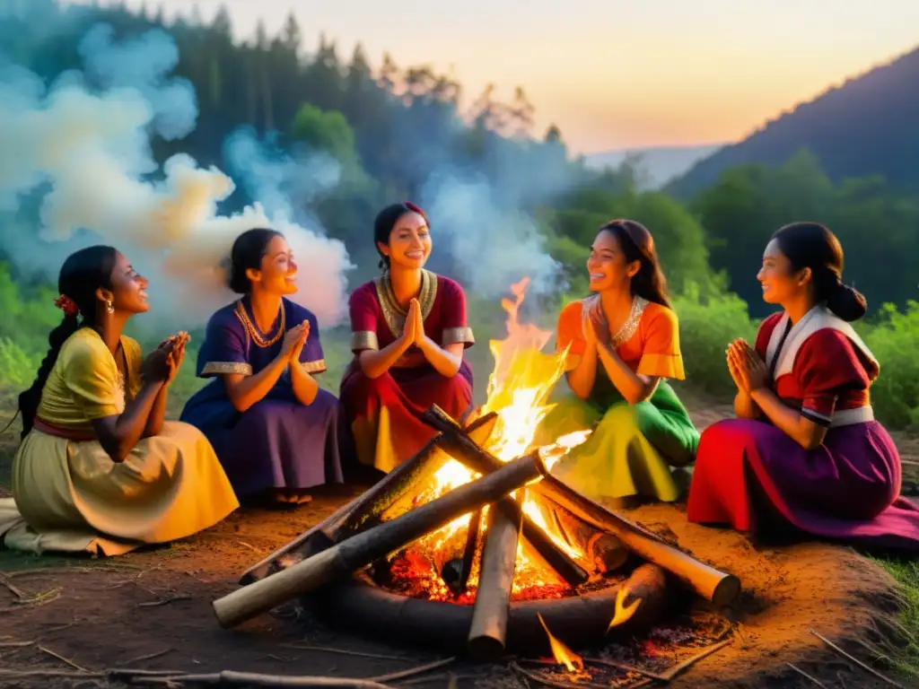 Mujeres en rituales mágicos, en un bosque con fuego, símbolos y misticismo al atardecer