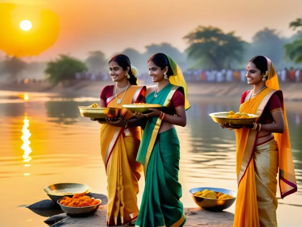 Mujeres rezando al sol durante Chhath Puja en la orilla del río al amanecer, creando una escena culturalmente rica y llena de importancia espiritual