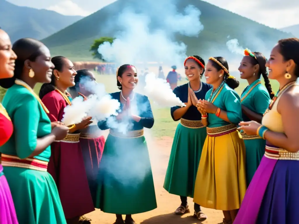 Mujeres sudanesas en un ritual de La Zar, vistiendo trajes tradicionales coloridos y joyas, danzando con gracia bajo el cielo abierto