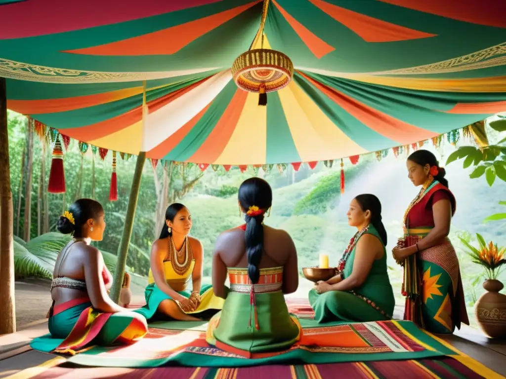 Mujeres visten trajes coloridos y decoran con delicadas telas tejidas a mano un espacio ceremonial en el bosque