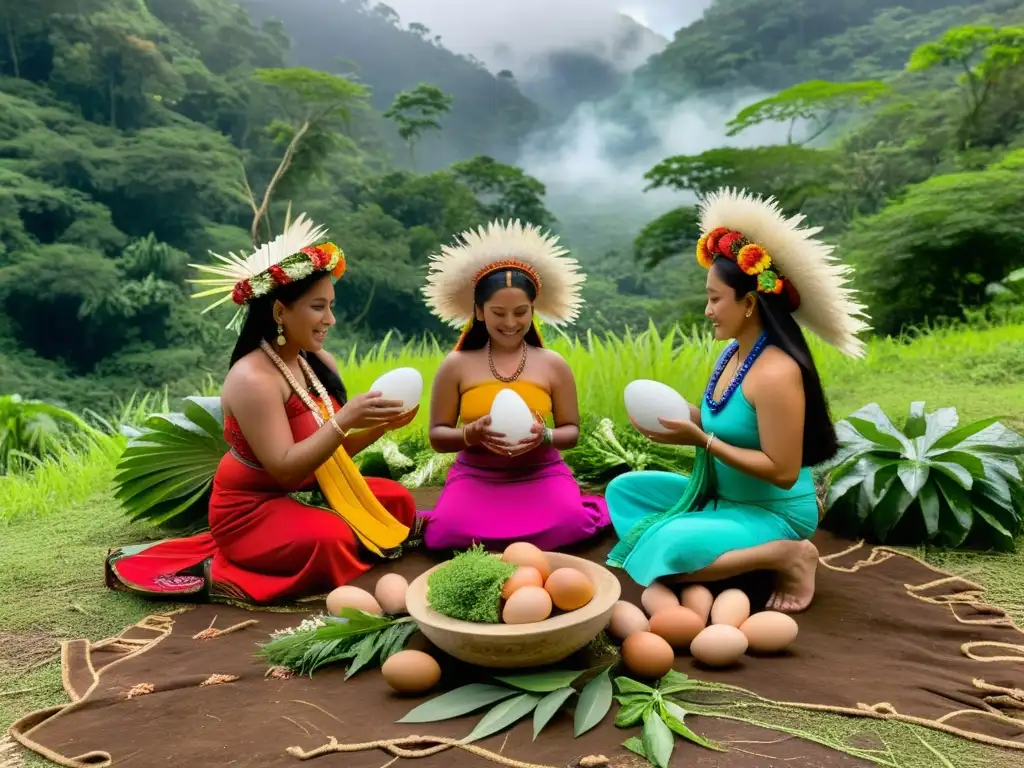 Mujeres en trajes tradicionales realizando un ritual de fertilidad en el bosque