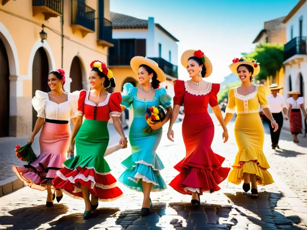 Mujeres vestidas con trajes flamencos coloridos y adornos, participando en la Romería del Rocío en Andalucía, entre calles soleadas y flores vibrantes