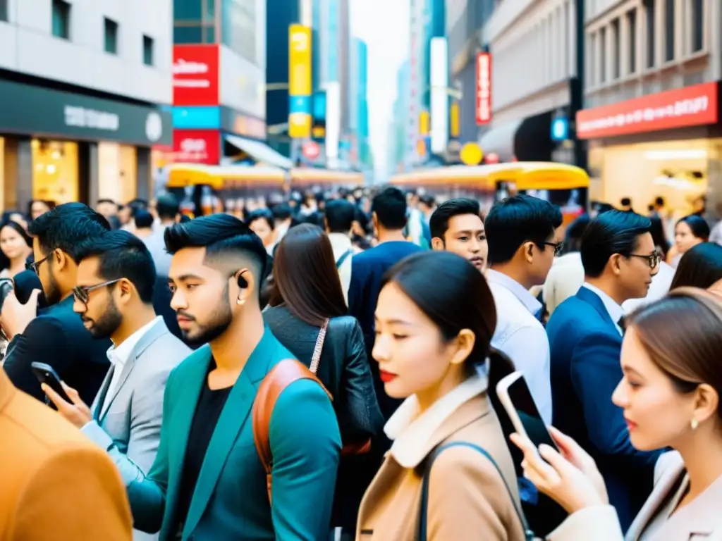 Multitud en la calle de la ciudad absorta en smartphones, reflejando la influencia de nuevos hábitos en la interacción social