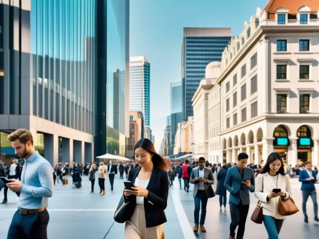 Multitud en la calle de la ciudad, absorta en sus smartphones, reflejando la interacción social en la era digital y los nuevos hábitos