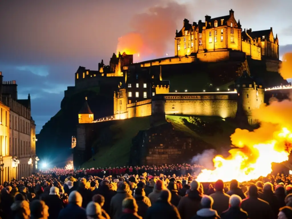 Una multitud se reúne en las calles históricas de Edimburgo, iluminadas por antorchas y fuego durante la tradicional celebración de Hogmanay