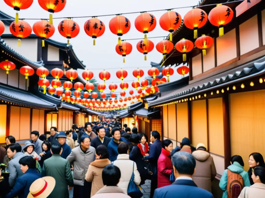 Multitud en las calles de Kyoto, Japón, llena de linternas vibrantes y decoraciones mientras se preparan para ceremonias de Año Nuevo exóticas