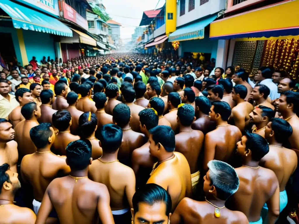 Multitud colorida en el Festival hindú Thaipusam sacrificio devoción con Kavadis y rituales