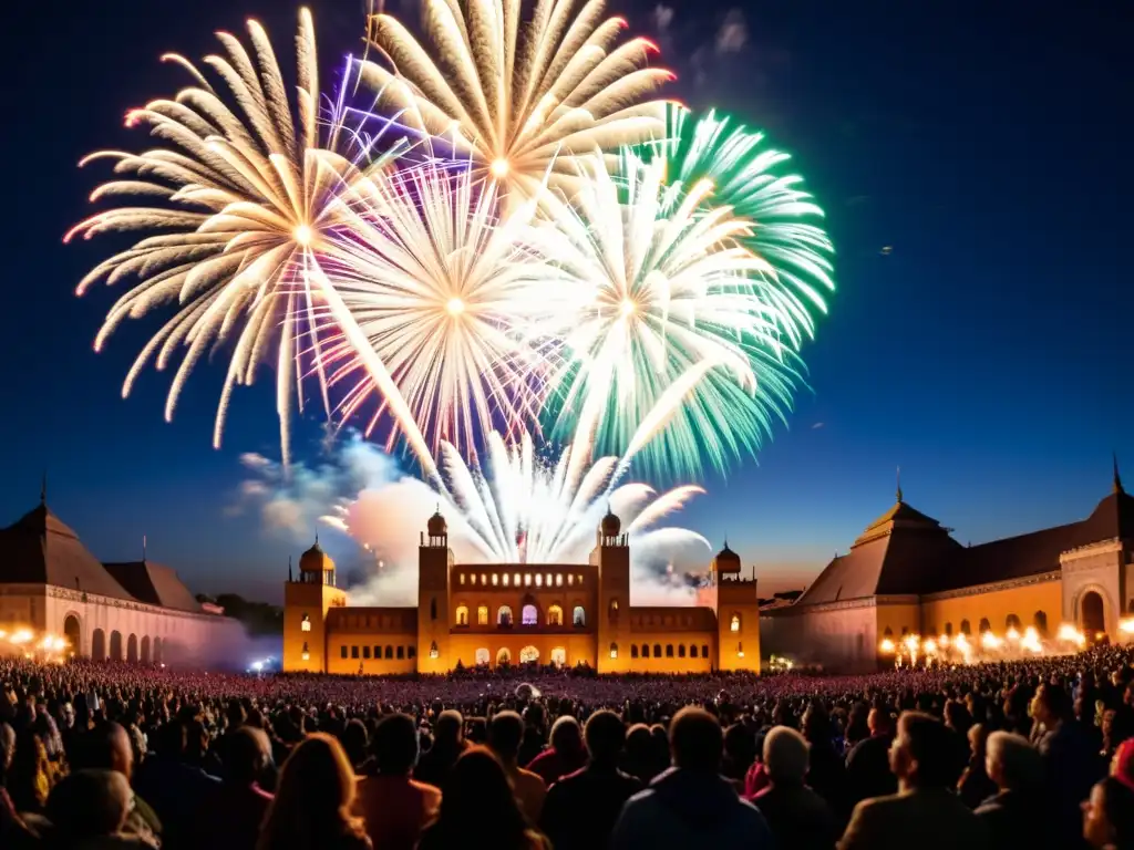 Multitud diversa disfruta de espectáculo de fuegos artificiales en celebraciones de independencia bajo cielo nocturno iluminado