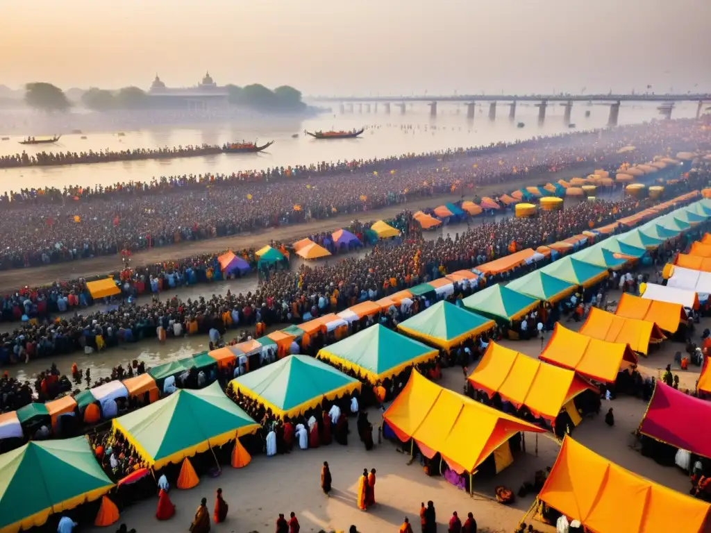 Multitud festiva en el Festival espiritual Kumbh Mela, vistiendo atuendos tradicionales vibrantes, dirigiéndose hacia el sagrado río Ganges