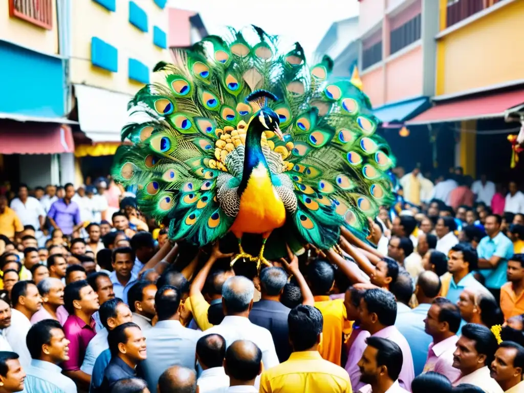 Multitud en el festival Thaipusam en Malasia, con hombres llevando un kavadi adornado con plumas de pavo real y la cueva de Batu de fondo