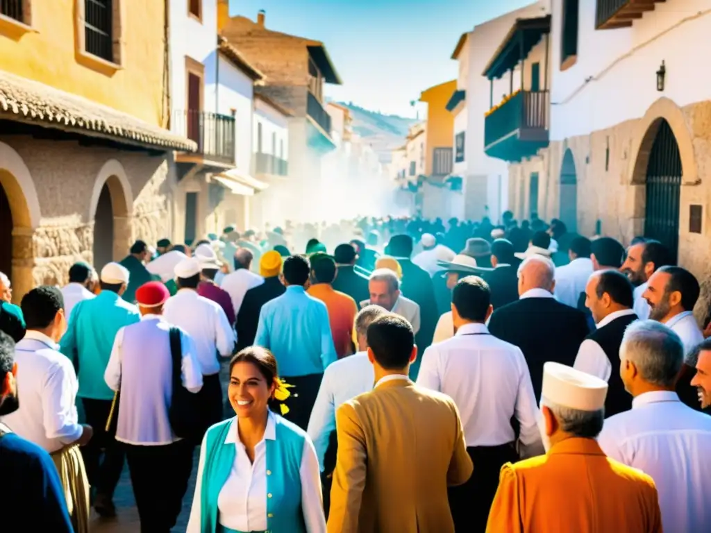 Multitud de peregrinos en la Romería del Rocío en Andalucía, vistiendo trajes tradicionales, levantando polvo en un camino soleado y vibrante