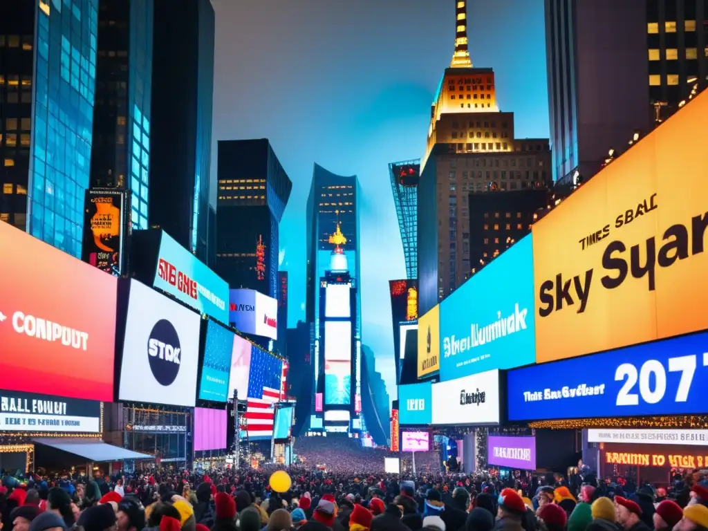 Multitud en Times Square esperando el Ritual de Año Nuevo, luces y emoción palpable