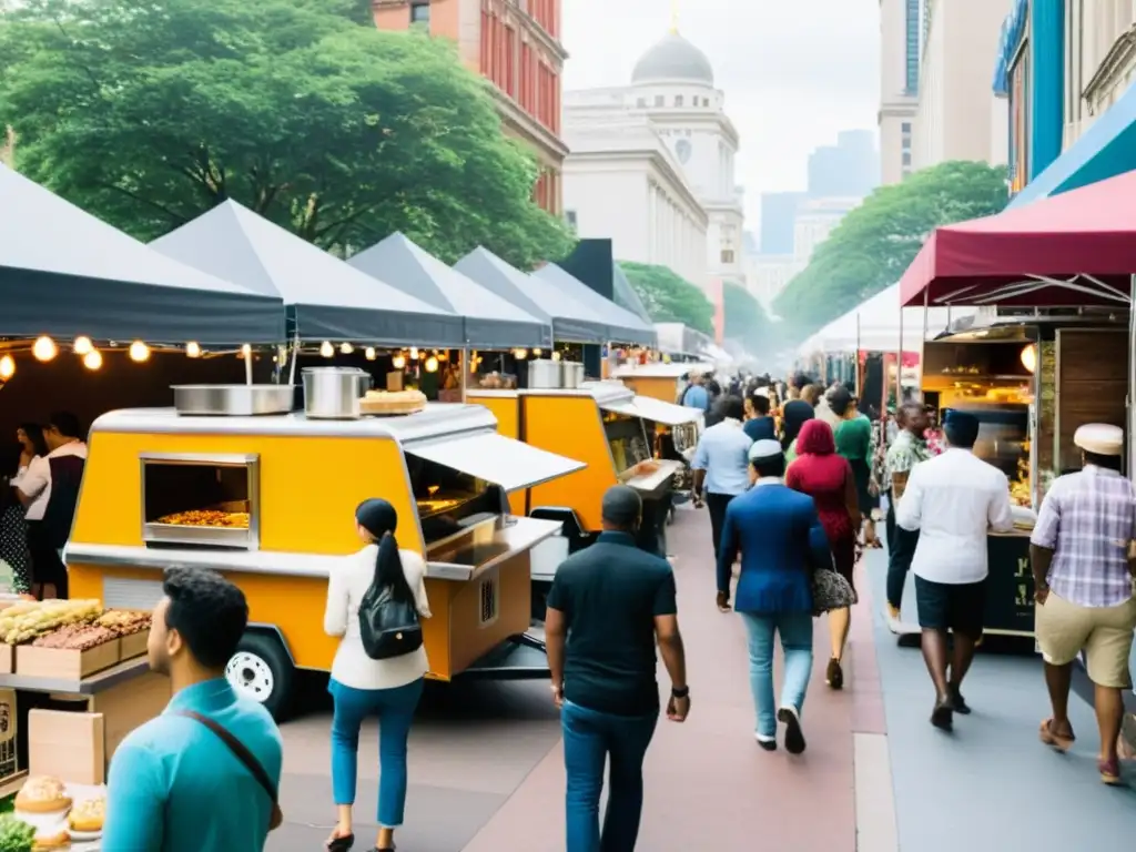 Multitud disfruta de rituales gastronómicos urbanos en bulliciosa calle de food trucks y puestos de mercado coloridos