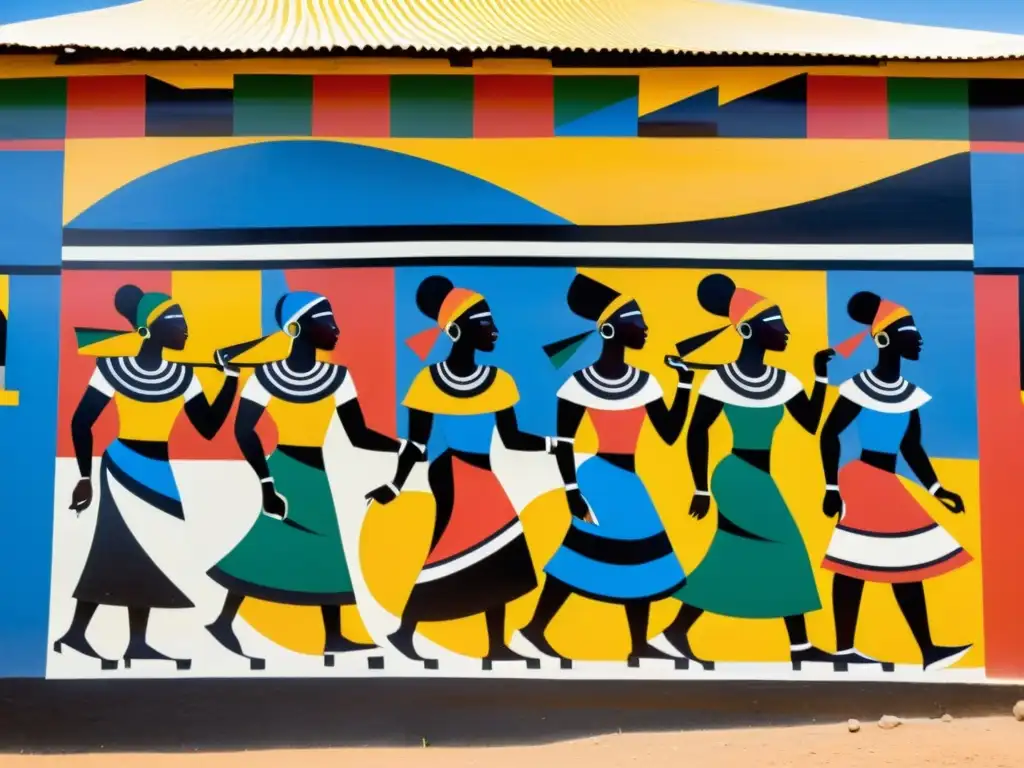 Un mural Ndebele detallado y vibrante muestra rituales de matrimonio con patrones geométricos y colores brillantes