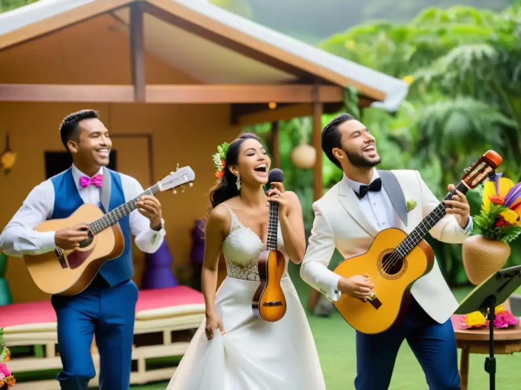 Músicos latinos animan boda con instrumentos tradicionales, celebrando la importancia de tradiciones musicales en bodas