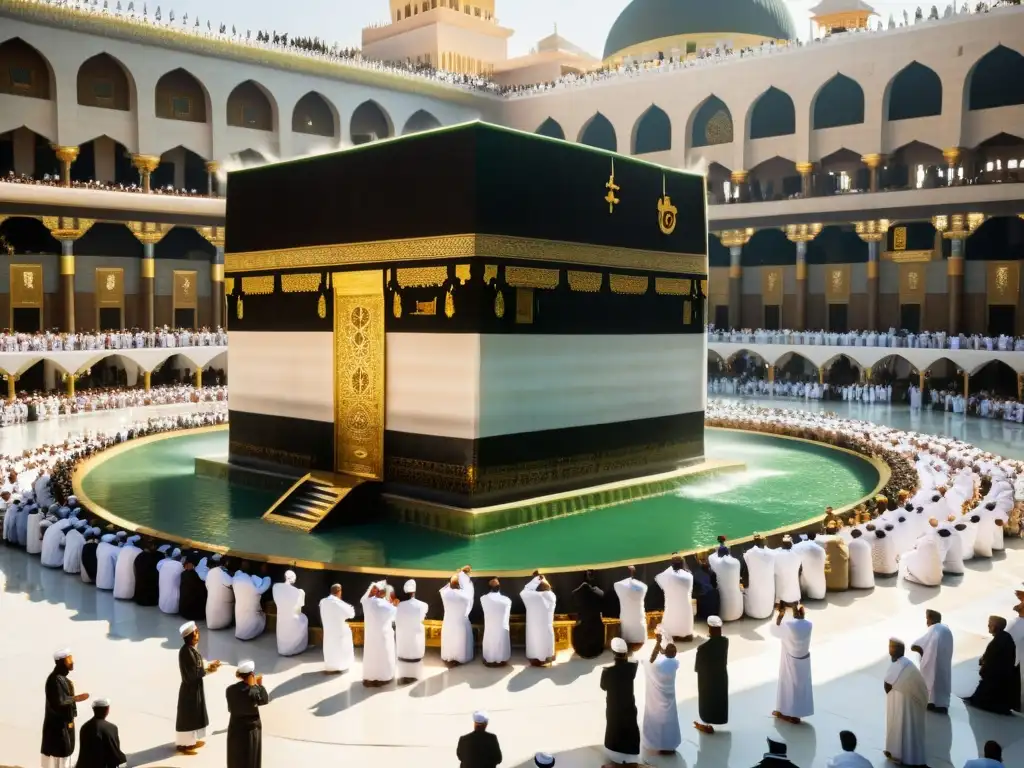 Musulmanes realizando abluciones rituales con agua sagrada en la Kaaba de La Meca, con expresiones de devoción y luz solar filtrada