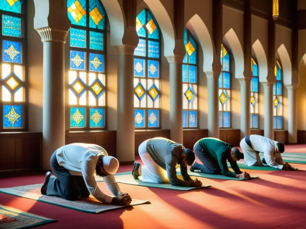 Musulmanes realizando el Salat en una mezquita con patrones geométricos y luz solar