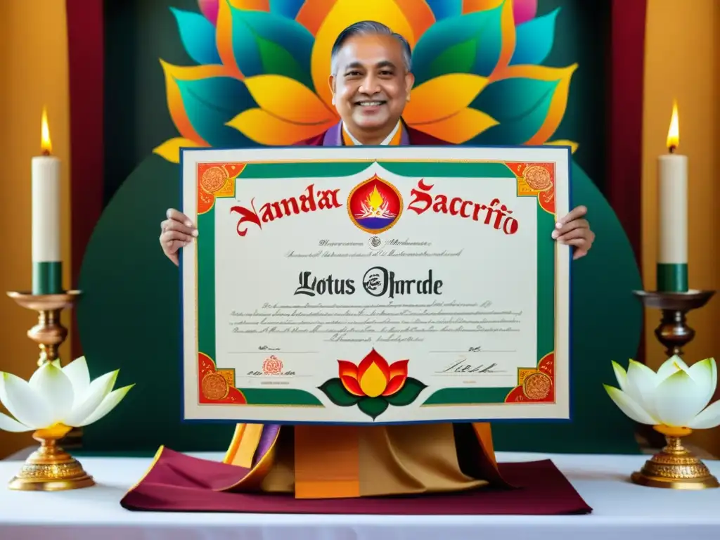 Namakarana sánscrito: Hermoso certificado con motivos hindúes, sostenido por un sacerdote en un altar reverente con incienso y luz de velas