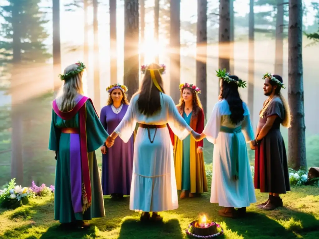 Neopaganos celebrando Ostara al amanecer en el bosque, uniendo manos en un círculo