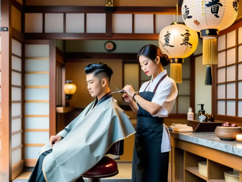 Niño en barbero japonés para primer corte de pelo, con padres y barbero en ambiente tradicional