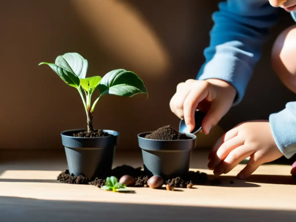 Un niño planta con cuidado una plántula en una maceta, mostrando concentración y asombro