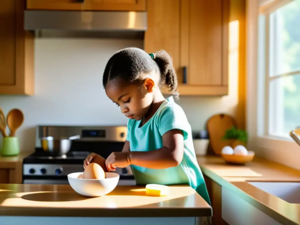 Un niño rompiendo un huevo en un bol, siguiendo una receta en la cocina con luz matutina