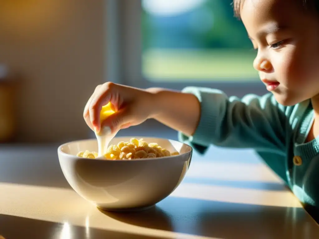 Un niño vierte leche en un tazón de cereal en un desayuno soleado