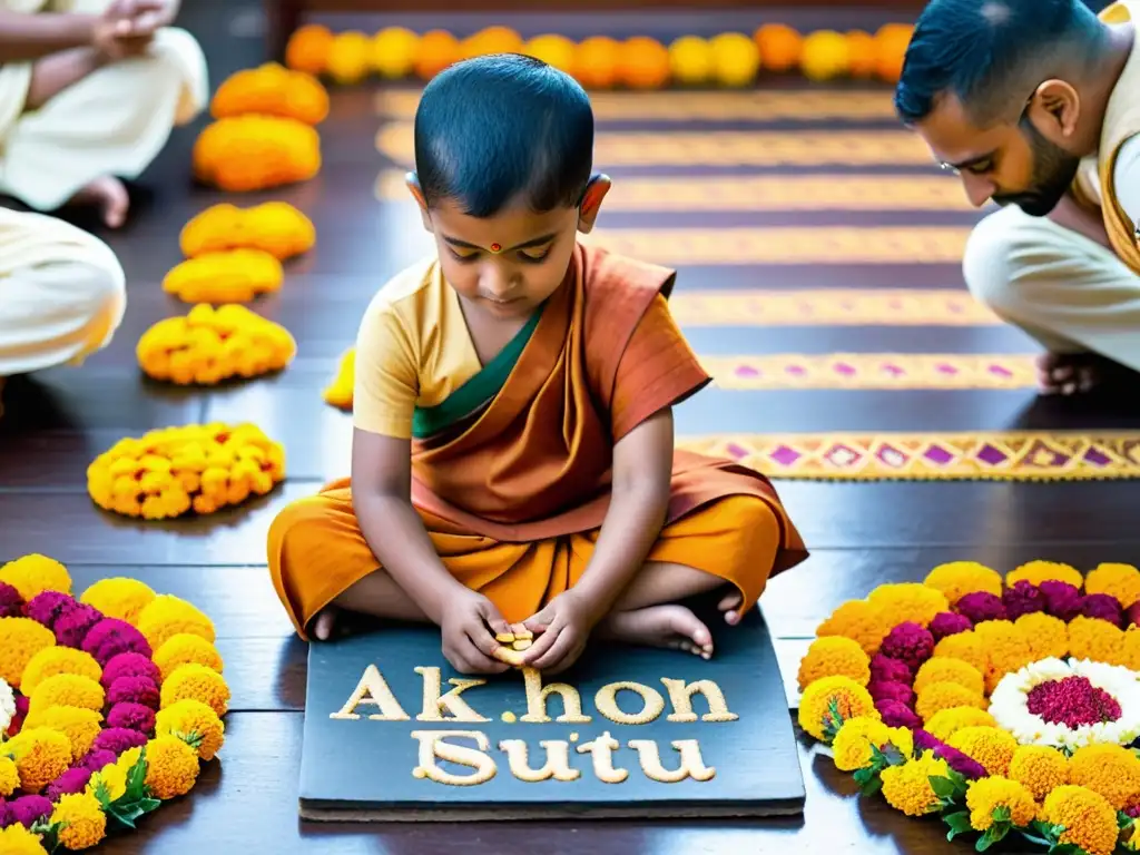 Un niño hindú participa en el ritual de Aksharabhyasam, rodeado de ofrendas y guirnaldas de caléndulas, en un ambiente cultural y sereno