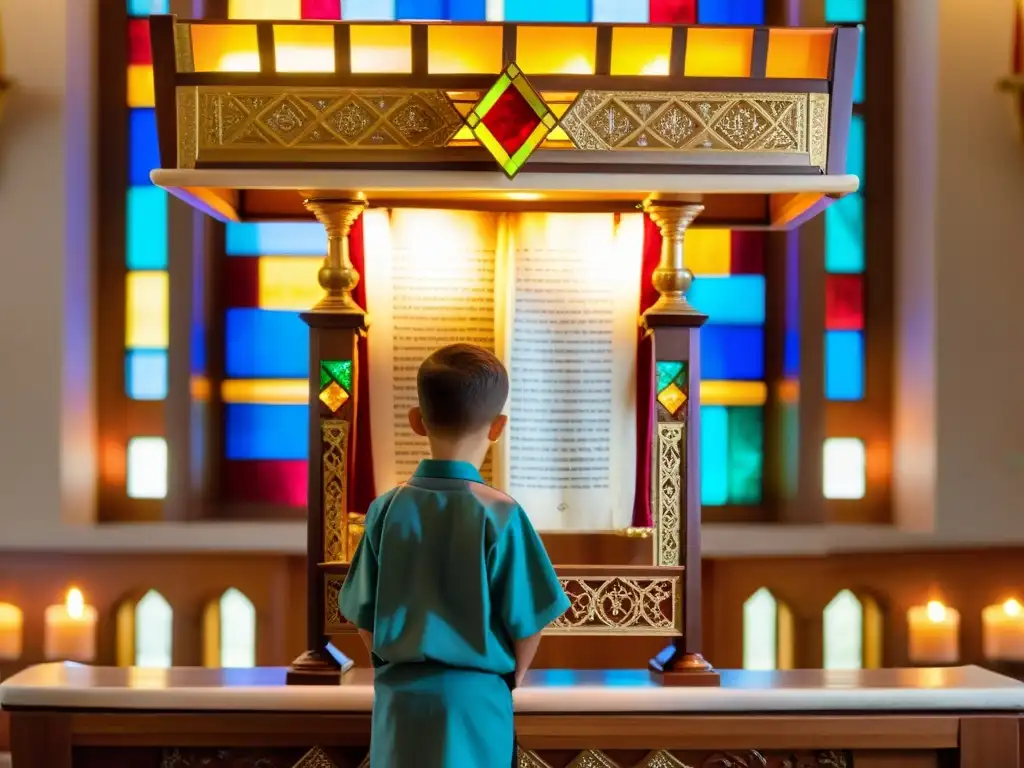 Un niño lee la Torá en su Bar Mitzvá, rodeado de significado ceremonial, orgullo familiar y luz cálida de vitrales