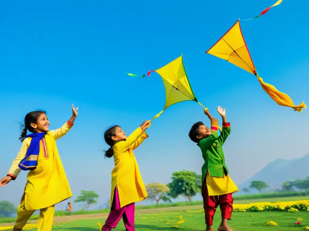 Niños alegres vestidos con colores vibrantes celebran Basant Panchami con cometas en un cielo azul, mientras la naturaleza florece