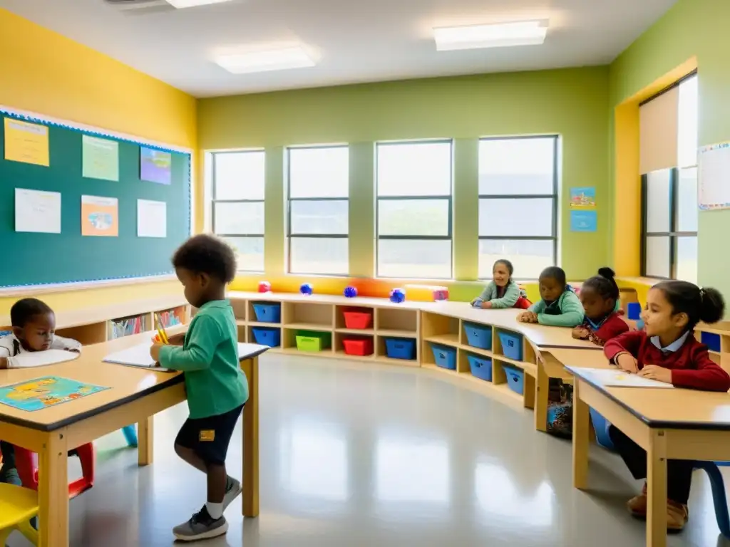 Niños en aula con rituales diarios para construir autonomía, leyendo, dibujando y construyendo, con maestra observando y guiando sutilmente