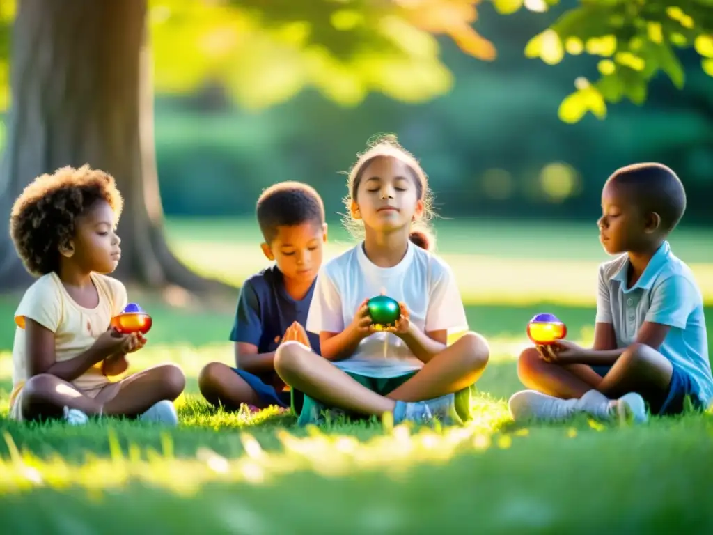 Niños en círculo con campanas de meditación en ritual de mindfulness en la naturaleza