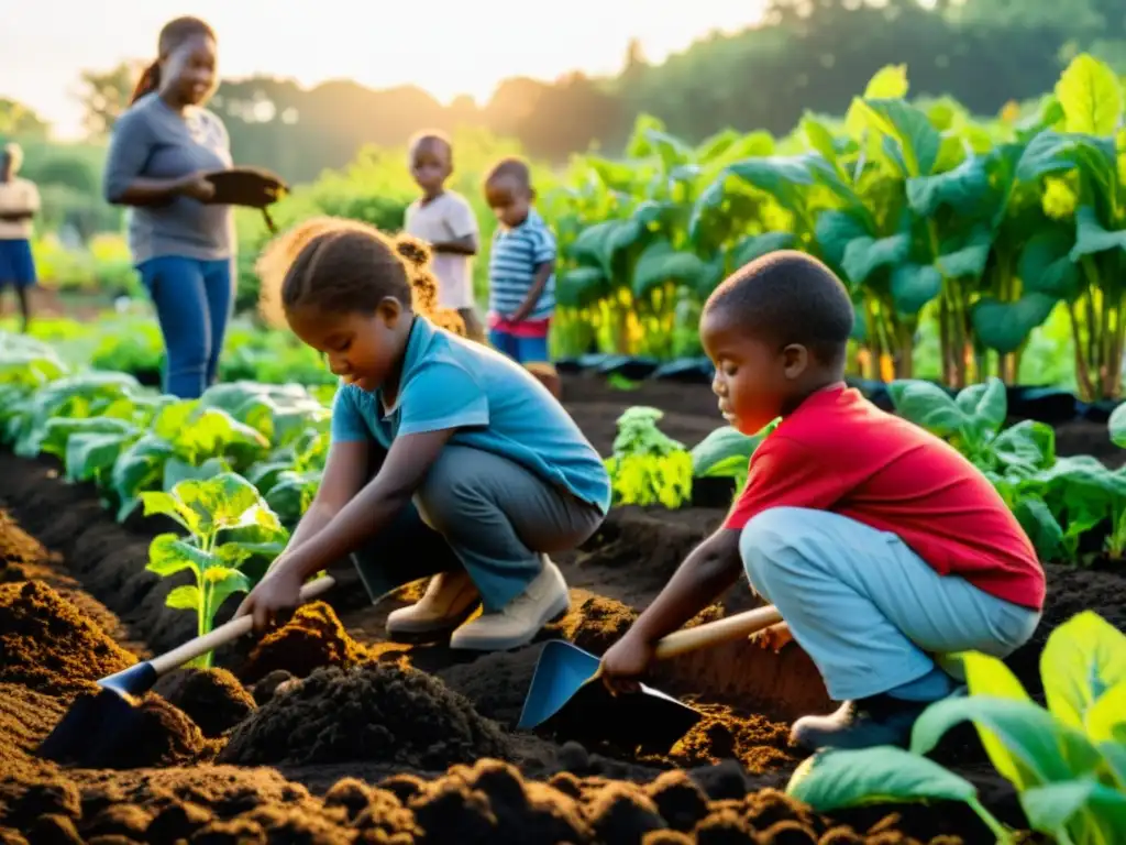 Niños plantando en un huerto comunitario al atardecer, rodeados de vegetación exuberante