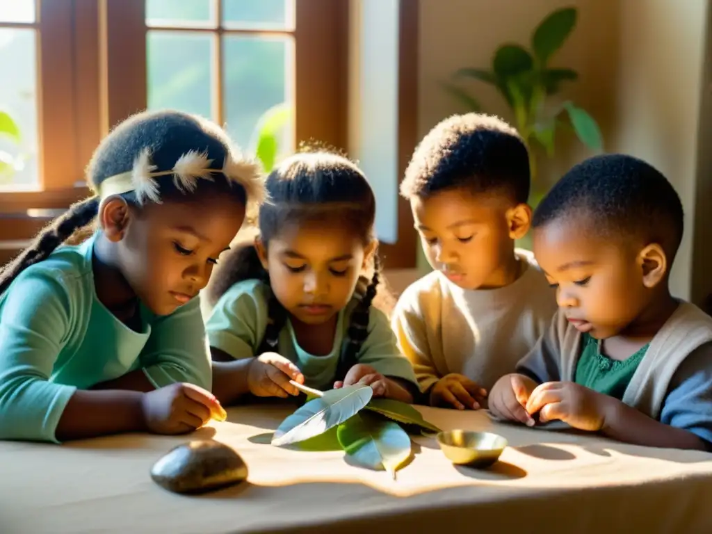 Niños explorando la naturaleza con lupas en una habitación iluminada por el sol