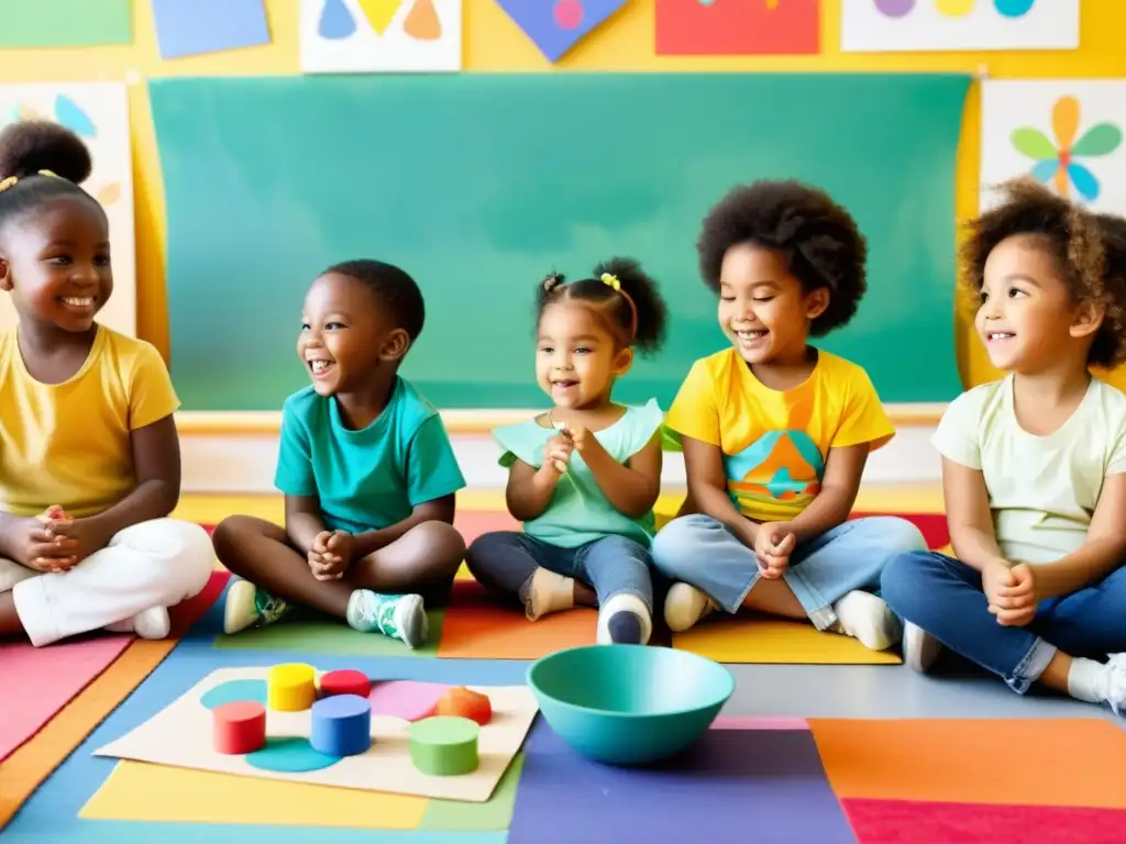 Niños preescolares disfrutan de rituales de expresión artística rodeados de materiales coloridos en un alegre salón de clases