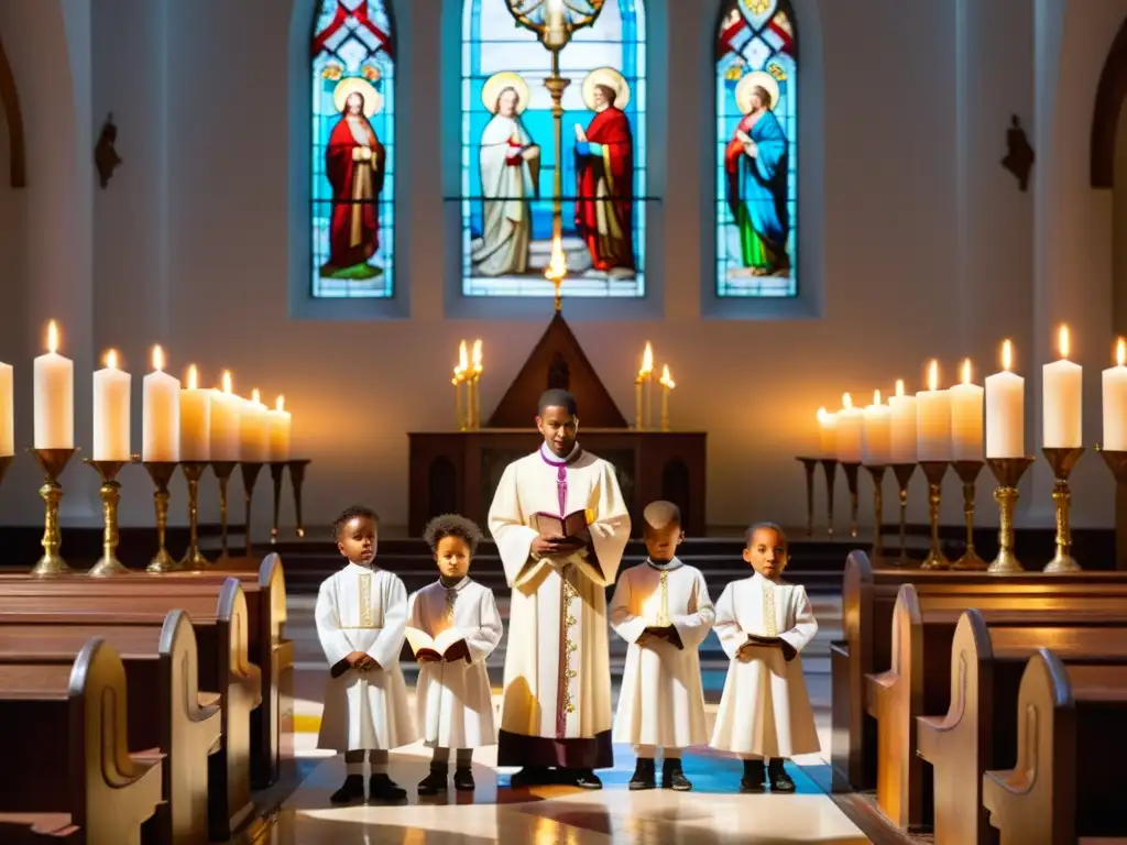 Niños en su primera comunión, en la iglesia, con velas y libros de oración