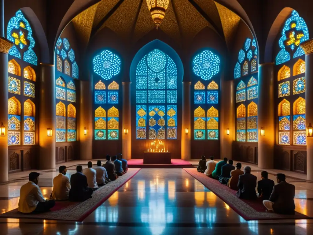 Noche del Destino en el Islam: Interior sereno de una mezquita iluminada por luz tenue, con adoradores en oración durante la ocasión sagrada