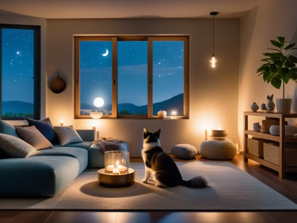 Una noche serena iluminada por la luna en un acogedor salón, con mascotas y velas, evocando rituales de integración de mascotas en espacios sagrados