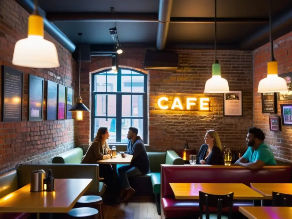 'Noches de Poesía en Cafés Urbanos: Café urbano íntimo iluminado por cálidas luces, con arte ecléctico y poesía en vivo