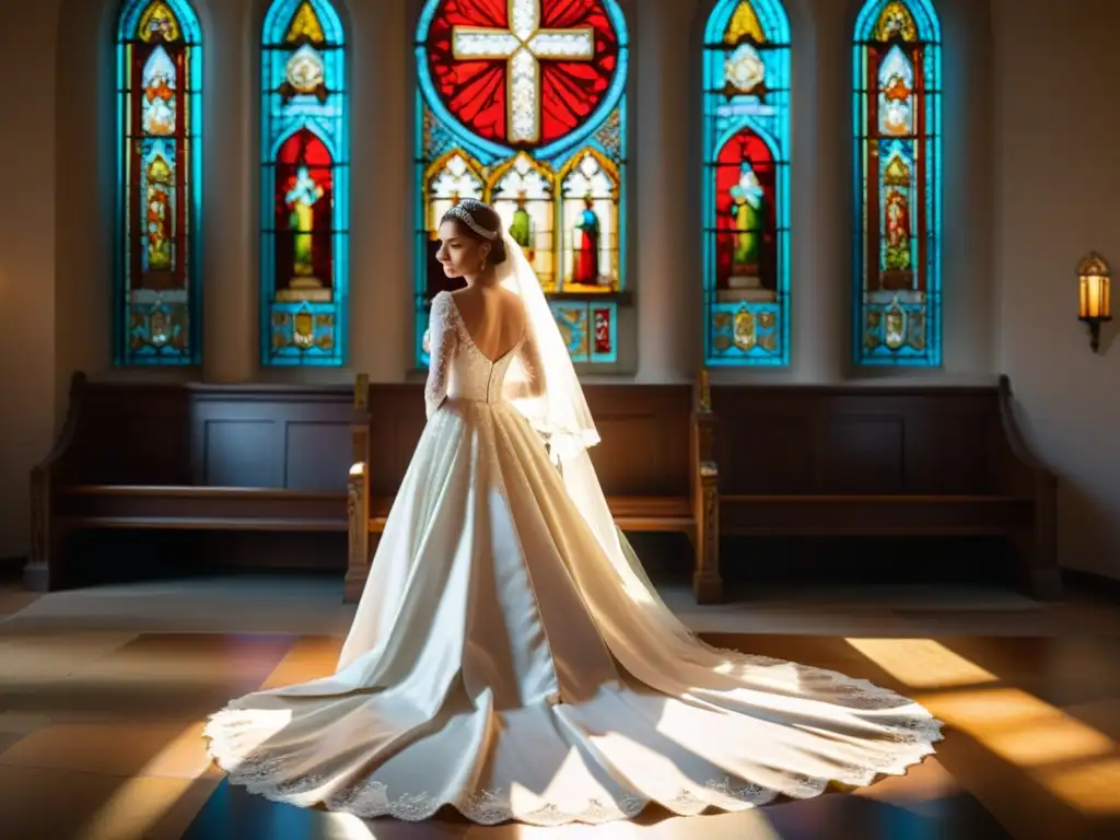 Una novia de blanco se encuentra bajo un rayo de luz en una iglesia, con su velo largo y detalles de encaje resaltados