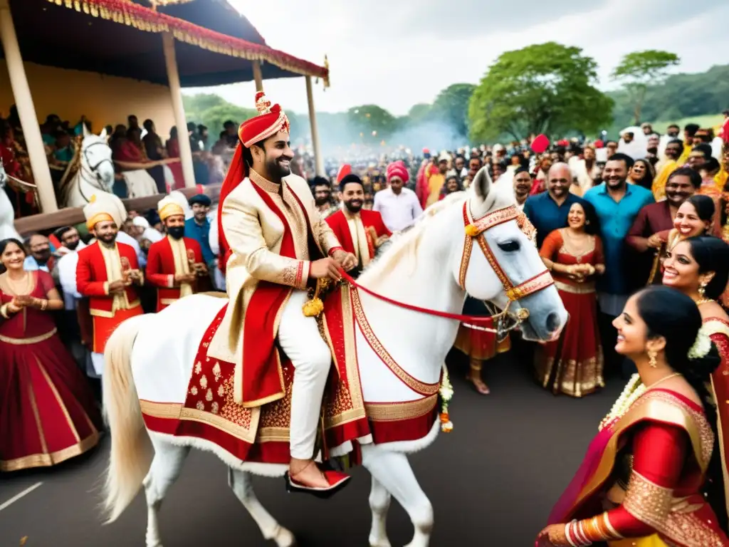 La novia monta un caballo blanco decorado, rodeada de música y celebración en una procesión de boda tradicional india