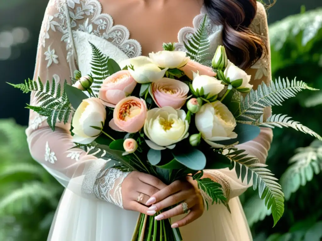 Una novia sostiene con cuidado un exquisito ramo de flores en tonos de rosa, marfil y verde, resaltando la importancia de este accesorio floral