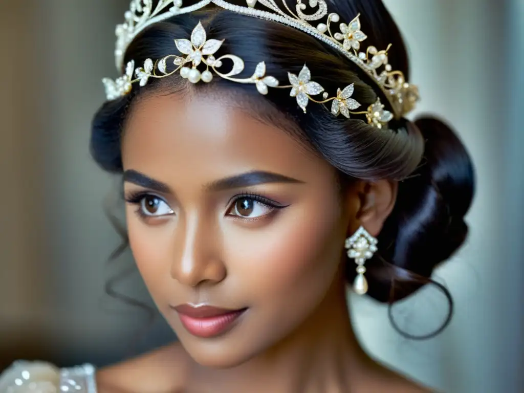 La novia luce una diadema radiante con perlas y diamantes, enmarcada por su cabello y una expresión serena